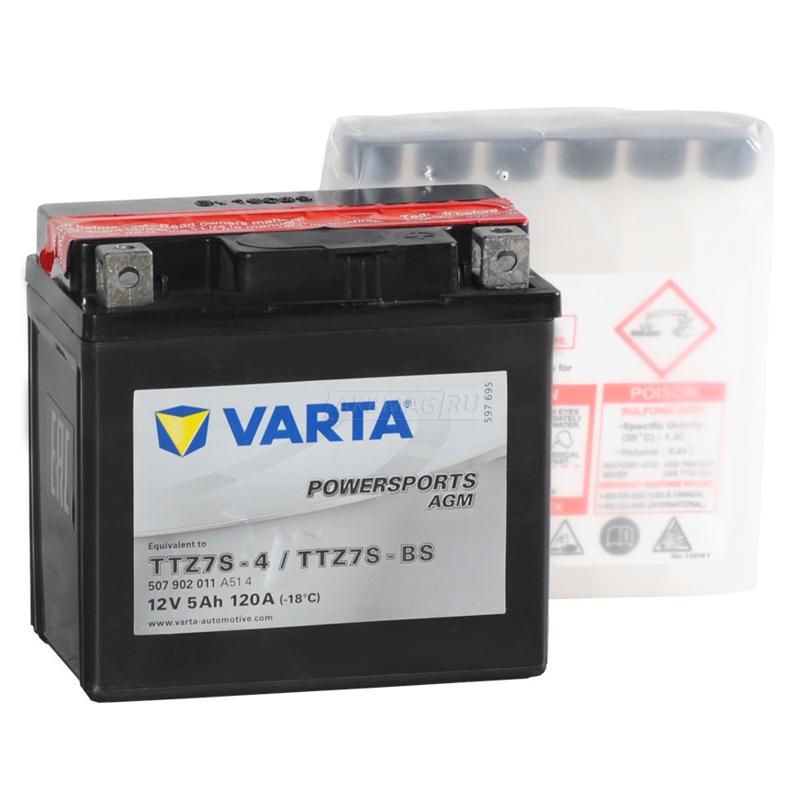 Аккумулятор для мототехники VARTA MOTO Powersports AGM TTZ7S-BS 120 А обр. пол. 5 Ач (507 902 011)