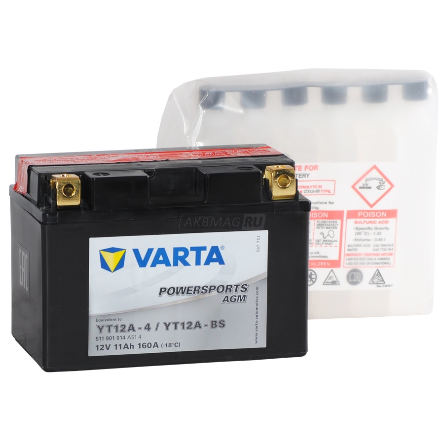 Аккумулятор для мототехники VARTA MOTO Powersports AGM YT12A-BS 160 А прям. пол. 11 Ач (511 901 014)