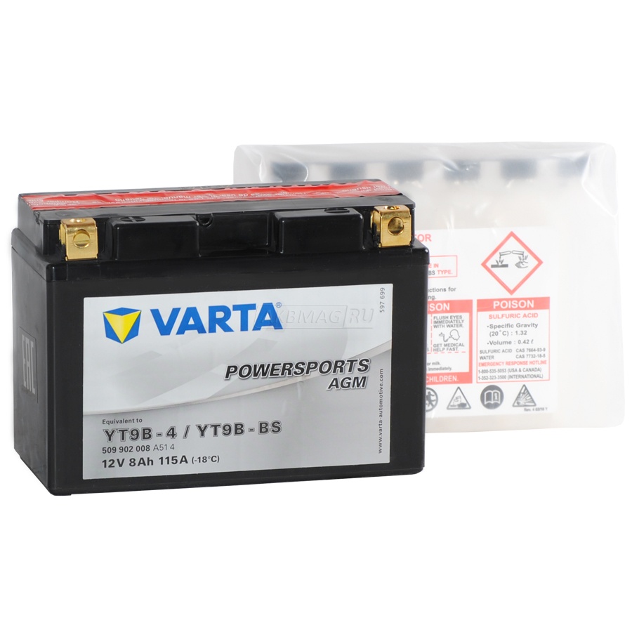 Аккумулятор для мототехники VARTA MOTO Powersports AGM YT9B-BS 115 А прям. пол. 8 Ач (509 902 008)