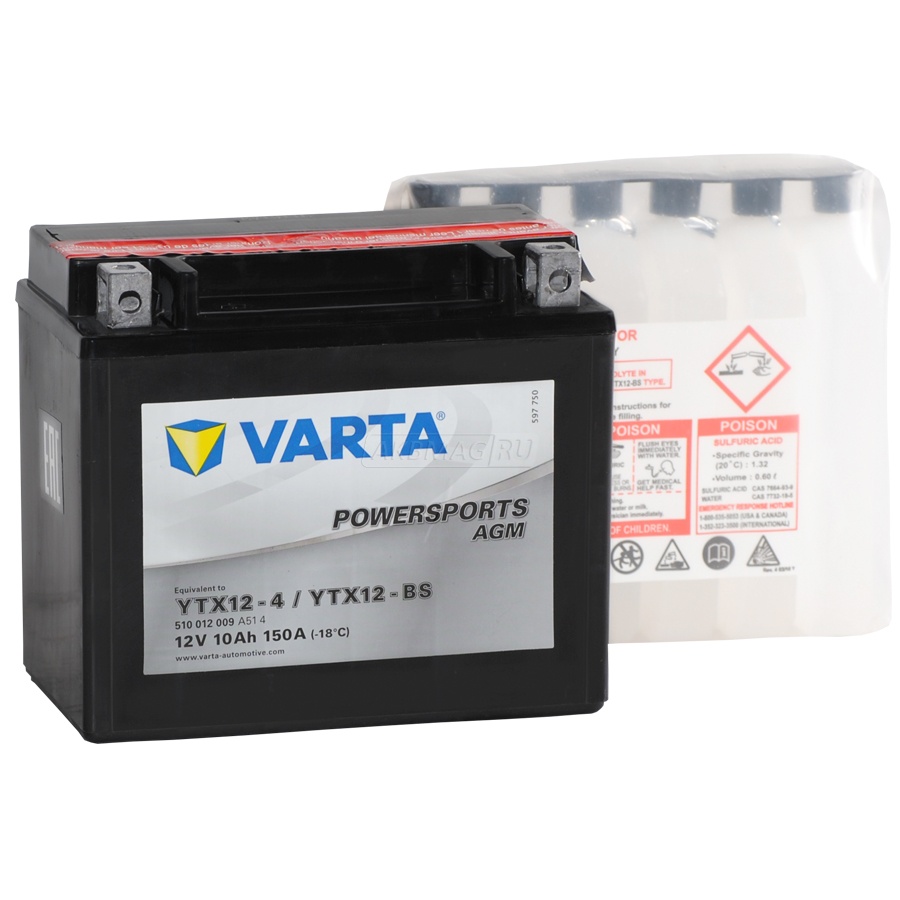 Аккумулятор для мототехники VARTA MOTO Powersports AGM YTX12-BS 150 А прям. пол. 10 Ач (510 012 009)
