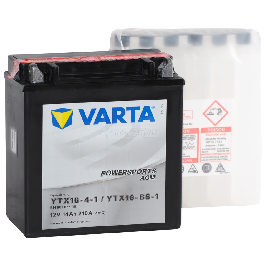 Аккумулятор для мототехники VARTA MOTO Powersports AGM YTX16-BS-1 210 А прям. пол. 14 Ач (514 901 022)
