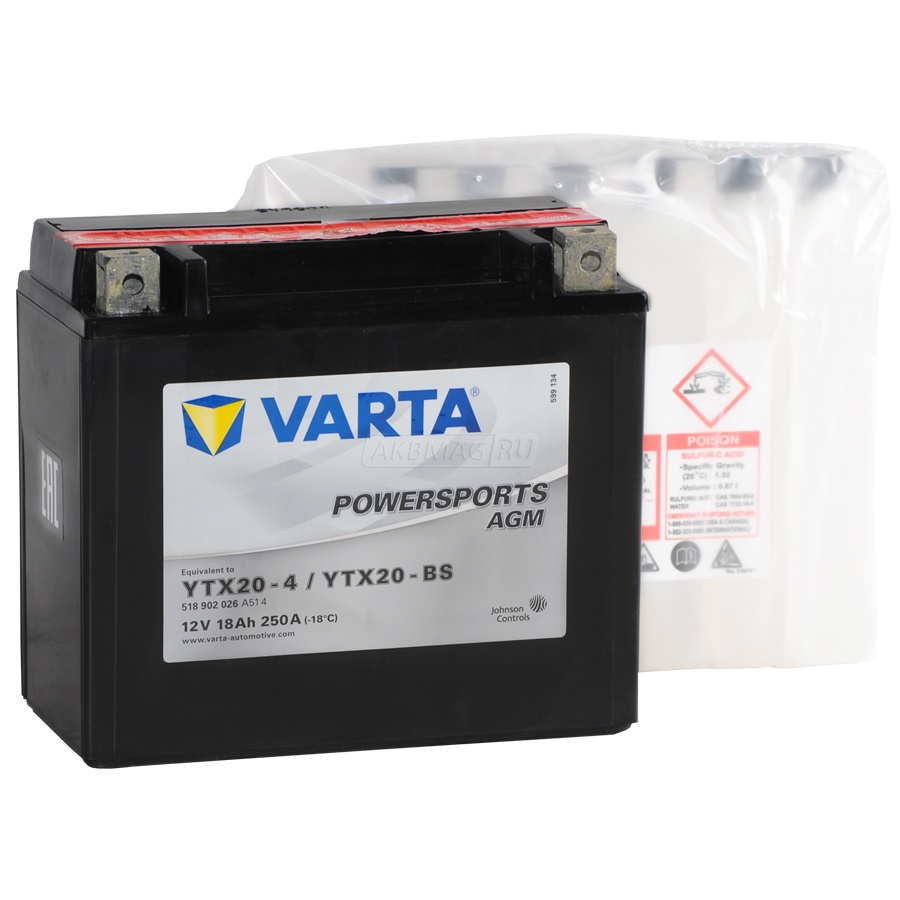 Аккумулятор для мототехники VARTA MOTO Powersports AGM YTX20-BS 250 А прям. пол. 18 Ач (518 902 026)