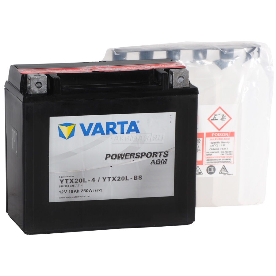 Аккумулятор для мототехники VARTA MOTO Powersports AGM YTX20L-BS 250 А обр. пол. 18 Ач (518 901 026)