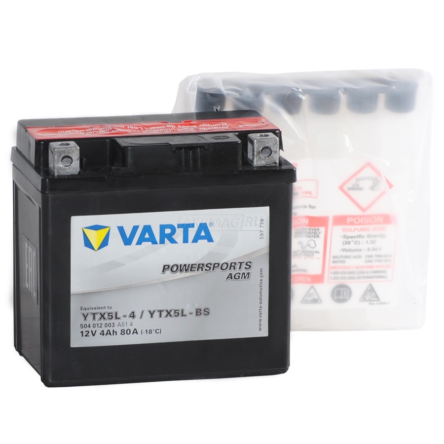 Аккумулятор для мототехники VARTA MOTO Powersports AGM YTX5L-BS 80 А обр. пол. 4 Ач (504 012 003)