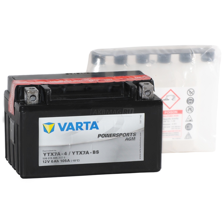 Аккумулятор для мототехники VARTA MOTO Powersports AGM YTX7A-BS 105 А прям. пол. 6 Ач (506 015 005)