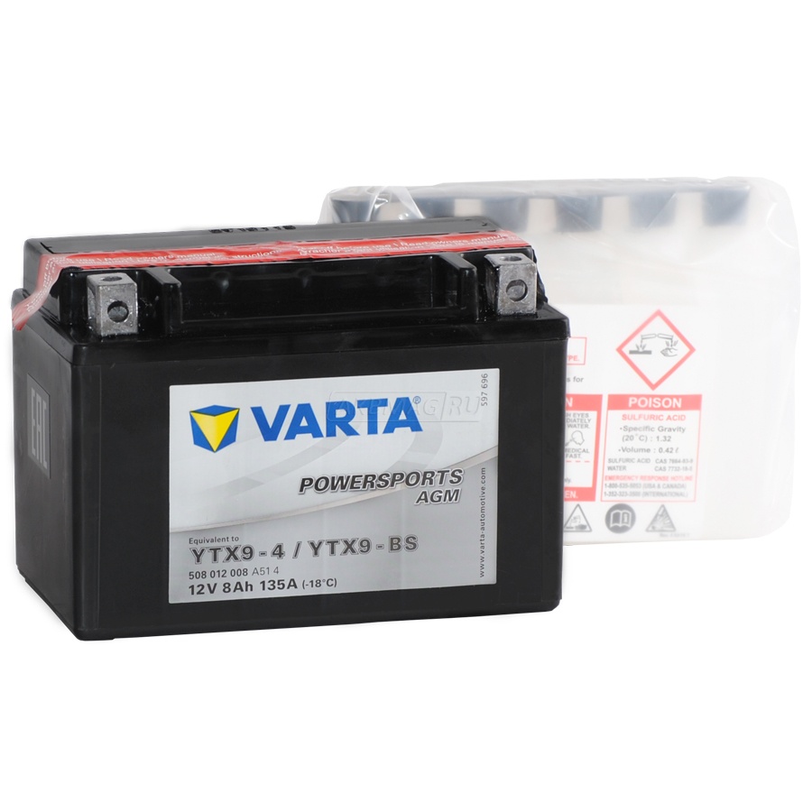 Аккумулятор для мототехники VARTA MOTO Powersports AGM YTX9-BS 135 А прям. пол. 8 Ач (508 012 008)